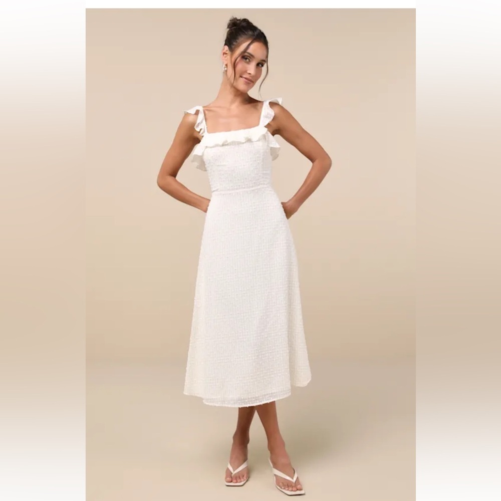 Lulu’s Sunkissed Style White & Beige Gingham Midi Dress